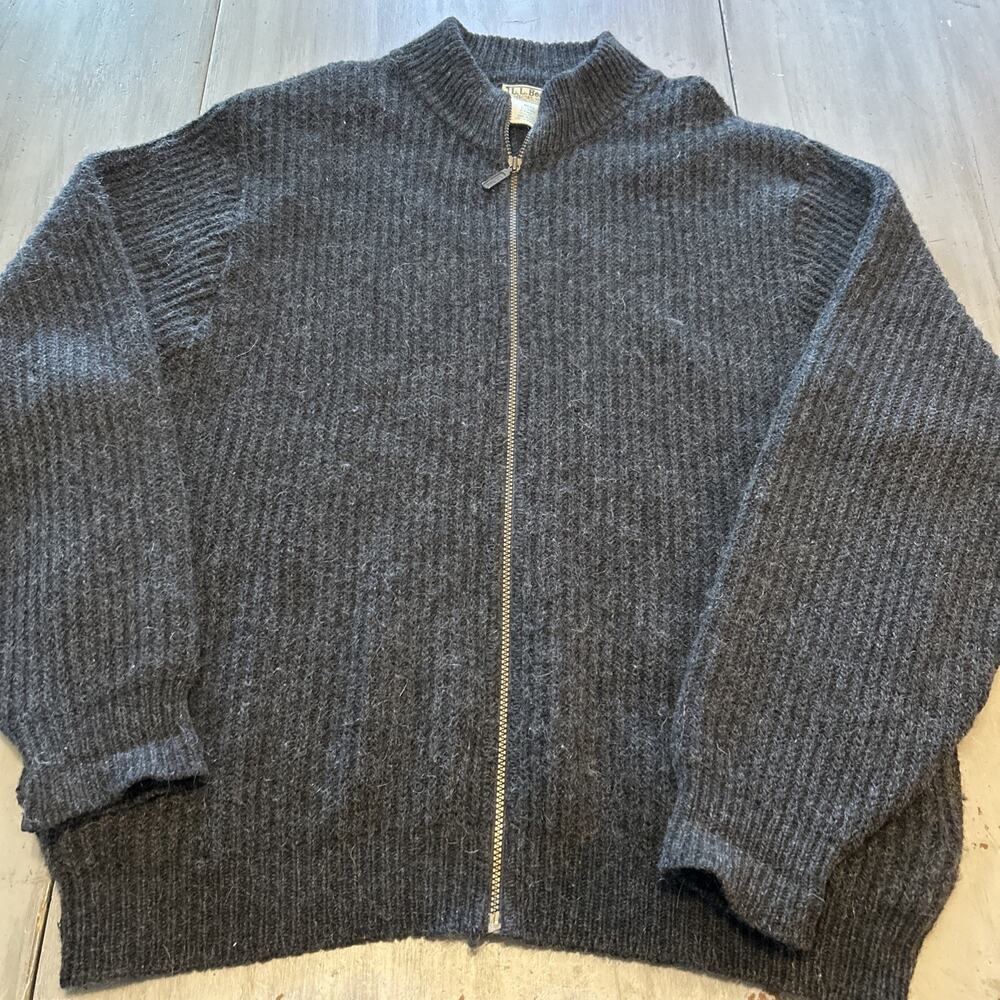 VTG LL Bean Gray Cardigan Full Zip Knit Wool Alpaca USA Grandpa Mens L 80's